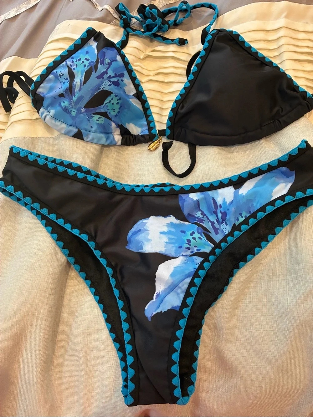 Black Bikini Set with Blue Floral Accents - Women’s Halter Two-Piece